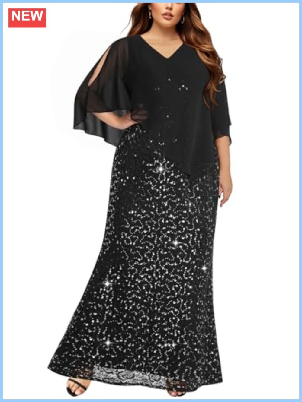Plus Size Formal Evening Prom Long Dress Chiffon Cape Sequin Lace Mermaid Gown